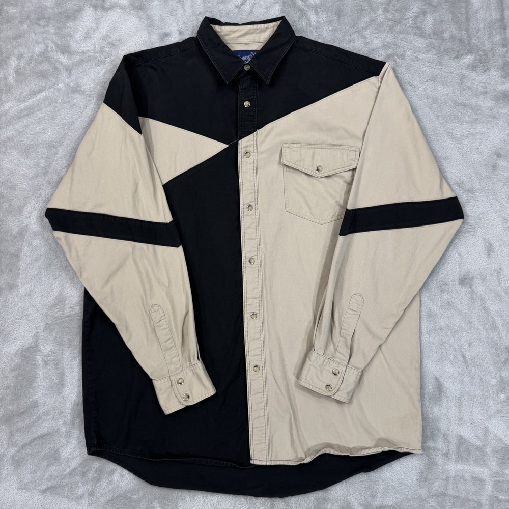Wrangler Shirt Mens XLT Brushpopper Black Beige Western Pearl Snap Heavy Twill